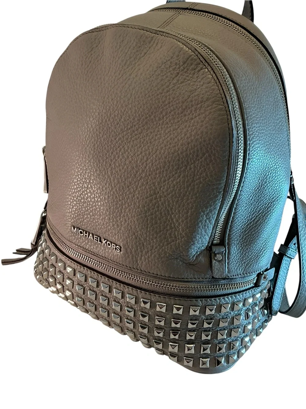 MICHAEL KORS Rhea Zip Studded Backpack Pebbled Leather Bag Pearl Gray- 12